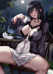 Rule 34 | 1girl, black hair, blue eyes, blush, breasts, collarbone, commentary request, covered erect nipples, cup, full moon, highres, holding, holding cup, jack dempa, large breasts, long hair, long sleeves, looking at viewer, miyamae shiho (jack dempa), mole, mole on breast, mole under eye, moon, moonlight, night, original, outdoors, parted lips, pouring, pouring onto self, sitting, skirt, smile, solo, spread legs, thighs, white skirt