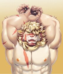 Rule 34 | abashiri (abasirisippo), abs, another eidos-r, arm up, armpits, blush, claws, flustered, furry, furry male, highres, leonheart (another eidos), lion, male focus, mane, multiple scars, nipples, pawpads, pectorals, scar, solo, whiskers
