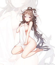 Rule 34 | 1girl, animal ears, areola slip, arknights, barefoot, breasts, brown hair, covering privates, eyjafjalla (arknights), hand on own chest, horns, long hair, medium breasts, naked towel, nude cover, quan (kurisu tina), red eyes, simple background, sitting, solo, towel, two side up, very long hair, weibo watermark, zoom layer
