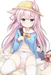 Rule 34 | 1girl, animal ears, azur lane, bed sheet, bell, blue dress, blush, bow, buttons, cat ears, cat tail, clothes lift, collarbone, dot nose, dress, dress lift, eyebrows, hair between eyes, hair ribbon, hand up, hat, highres, jingle bell, kafuu kaya, kindergarten uniform, kisaragi (azur lane), lifting own clothes, long hair, long sleeves, looking at viewer, navel, panties, pink eyes, pink hair, pink ribbon, ribbon, sailor collar, school hat, simple background, sitting, solo, stomach, straight hair, tail, tail ornament, thighhighs, turret, underwear, wariza, white background, white panties, white sailor collar, white thighhighs, yellow bow, yellow hat, yellow neckwear, zettai ryouiki