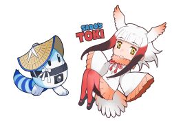 Rule 34 | 1boy, 1girl, bird girl, bird tail, bird wings, highres, japanese crested ibis (kemono friends), kemono friends, long hair, lucky beast (kemono friends), multicolored hair, official art, red hair, tail, transparent background, two-tone hair, white hair, wings, yellow eyes, yoshizaki mine