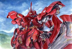 Rule 34 | arata (arata333333), arm shield, blue sky, char&#039;s counterattack, cloud, cloudy sky, commentary, day, english commentary, green eyes, gundam, highres, mecha, mobile suit, mountain, neo zeon, no humans, one-eyed, outdoors, robot, sazabi, science fiction, sky, solo, traditional media, watercolor pencil (medium)