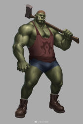 Rule 34 | 1boy, 6suan, axe, bald, bara, brown footwear, bulge, character request, check character, colored skin, denim, denim shorts, fangs, full body, green skin, highres, holding, holding axe, large pectorals, leather footwear, male focus, mature male, monster boy, muscular, muscular male, navel, navel hair, nipples, orc, original, over shoulder, pectoral cleavage, pectorals, pointy ears, pubic hair, red tank top, short hair, short shorts, shorts, side slit, side slit shorts, sidepec, solo, stomach, tank top, thick thighs, thighs, weapon, weapon over shoulder, weibo logo, weibo watermark
