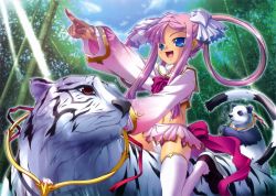 Rule 34 | absurdres, blue eyes, day, eating, forest, hair ornament, hairclip, highres, hikage eiji, koihime musou, long hair, midriff, miniskirt, nature, navel, outdoors, panda, panties, pantyshot, pink hair, red eyes, ribbon, riding, scan, sitting, skirt, smile, sonshoukou, thighhighs, tiger, twintails, underwear