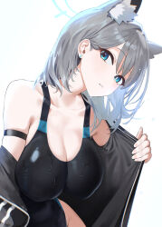Rule 34 | 1girl, absurdres, animal ear fluff, animal ears, bare shoulders, blue archive, blue eyes, blue one-piece swimsuit, blush, breasts, cleavage, collarbone, extra ears, grey hair, halo, highleg, highleg swimsuit, highres, jacket, kazane-wind, large breasts, looking at viewer, medium hair, multicolored clothes, multicolored swimsuit, off shoulder, one-piece swimsuit, shiroko (blue archive), shiroko (swimsuit) (blue archive), sidelocks, solo, swimsuit, wet, wolf ears