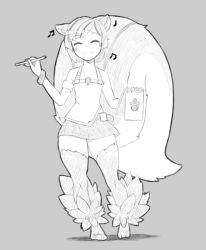 Rule 34 | 1girl, ^ ^, animal ear fluff, animal ears, bangle, bare shoulders, beamed eighth notes, bracelet, camisole, closed eyes, closed mouth, collarbone, commentary request, facing viewer, full body, grey background, greyscale, holding, holding pencil, jewelry, kurovah, monochrome, monster girl, monster girl encyclopedia, multicolored hair, musical note, notepad, parted bangs, pencil, plaid, plaid skirt, quarter note, ratatoskr (monster girl encyclopedia), shadow, simple background, skirt, solo, squirrel ears, squirrel girl, squirrel tail, standing, streaked hair, tail