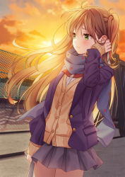 Rule 34 | 1girl, adachi to shimamura, arm at side, blue scarf, brown hair, fence, green eyes, grey skirt, hand up, highres, jacket, long hair, one side up, outdoors, scarf, school uniform, shimamura uzuki, skirt, solo, standing, sunset, unjem
