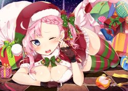 Rule 34 | 1girl, bad id, bad pixiv id, blue eyes, blush, breasts, christmas, cleavage, hat, large breasts, one eye closed, open mouth, original, pink hair, sakuragi ren, santa costume, santa hat, solo, striped clothes, striped thighhighs, tears, thighhighs