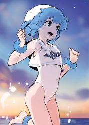 Rule 34 | 1girl, :d, absurdres, ataruman, barefoot, blue eyes, blue hair, commentary, english commentary, hat, highres, ikamusume, looking away, one-piece swimsuit, open mouth, sailor collar, shinryaku! ikamusume, sketch, smile, solo, swimsuit, white one-piece swimsuit