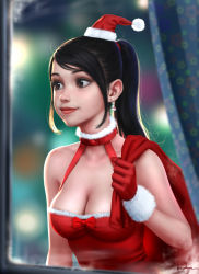 Rule 34 | bag, blurry, breasts, cleavage, collar, collarbone, curtains, depth of field, earrings, gloves, gohpot, hair tie, hat, high ponytail, highres, jewelry, lipstick, looking away, makeup, medium breasts, original, realistic, red gloves, red lips, santa costume, santa hat, sidelocks, signature, smile, upper body, window