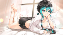 Rule 34 | 1girl, absurdres, bad id, bad pixiv id, barefoot, black hair, black shorts, blue eyes, blue hair, blue ribbon, breasts, cleavage, closed mouth, commentary request, curtains, dolphin shorts, full body, hair between eyes, hair ribbon, hand on own cheek, hand on own face, head rest, highres, indoors, large breasts, lillly, long hair, long sleeves, looking at viewer, lying, multicolored hair, on bed, on stomach, original, pillow, ribbon, shirt, short shorts, shorts, sidelocks, smile, solo, the pose, two-tone hair, white ribbon, white shirt, window