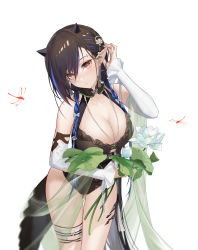 Rule 34 | 1girl, absurdres, arknights, ash-c, bare shoulders, black hair, black one-piece swimsuit, blacknight (arknights), blacknight (summer flower) (arknights), blue hair, breasts, cleavage, commentary request, cowboy shot, detached sleeves, flower, hand up, highres, holding, holding flower, horns, large breasts, long sleeves, looking at viewer, multicolored hair, official alternate costume, one-piece swimsuit, pointy ears, simple background, solo, standing, streaked hair, swimsuit, thigh strap, thighs, white background, white flower, yellow eyes