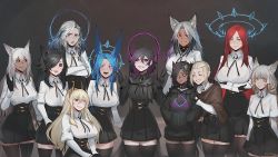 Rule 34 | 6+girls, :d, ;), ^ ^, animal ear fluff, arms under breasts, artist name, black gloves, black hair, black legwear, black sclera, black skirt, blonde hair, blue eyes, blue hair, braid, breasts, capelet, closed eyes, collar, colored sclera, commentary, dark-skinned female, dark skin, double w, english commentary, facial mark, french braid, gloves, grey hair, hair between eyes, hair over one eye, halo, horns, juliet sleeves, large breasts, less, long hair, long sleeves, looking at viewer, multiple girls, one eye closed, open mouth, original, puffy sleeves, purple eyes, red eyes, red hair, shirt, short hair, side braid, simple background, skirt, smile, thighhighs, w, white shirt, yellow eyes, zettai ryouiki