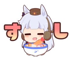 Rule 34 | 1girl, :d, = =, animal ears, blush stickers, bow, bowl, brown hat, chibi, closed eyes, ear bow, ear covers, facing viewer, food, food request, gold ship (umamusume), gomashio (goma feet), grey hair, hat, horse ears, long hair, mini hat, open mouth, purple bow, simple background, smile, solo, tempura, translated, umamusume, upper body, white background