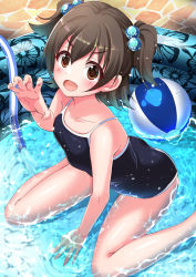 Rule 34 | 1girl, absurdres, akagi miria, ass, bare shoulders, blush, breasts, brown eyes, brown hair, competition school swimsuit, highres, idolmaster, idolmaster cinderella girls, idolmaster shiny colors, kneeling, legs, looking at viewer, medium breasts, medium hair, natsu (anta tte hitoha), one-piece swimsuit, open mouth, school swimsuit, seiza, short twintails, sitting, solo, swimsuit, thighs, twintails, wading pool