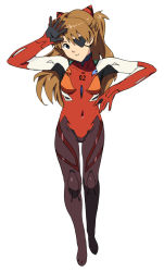 Rule 34 | 10s, 1girl, armpits, baba arumi, bad id, bad pixiv id, blue eyes, bodysuit, breasts, brown hair, closed mouth, covered navel, evangelion: 3.0 you can (not) redo, eyepatch, full body, gloves, hair between eyes, hand up, head tilt, headgear, legs together, light smile, long hair, neon genesis evangelion, orange hair, pilot suit, plugsuit, rebuild of evangelion, simple background, small breasts, smile, solo, souryuu asuka langley, standing, turtleneck, two side up, white background