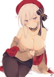 Rule 34 | 1girl, alternate costume, aran sweater, arm support, azur lane, belfast (azur lane), belfast (shopping with the head maid) (azur lane), beret, black skirt, blue eyes, blush, braid, breasts, brown pantyhose, brown sweater, cable knit, casual, choker, cleavage, clothes tug, collarbone, earrings, hat, heart, high heels, highres, hoop earrings, jewelry, large breasts, legs together, long hair, looking at viewer, muuran, off-shoulder sweater, off shoulder, pantyhose, pencil skirt, red hat, shawl, sidelocks, signature, silver hair, simple background, skirt, smile, solo, sweater, sweater tug, white background