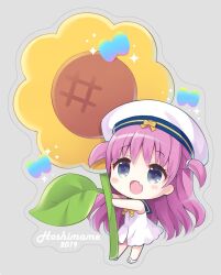 Rule 34 | 1girl, 2019, :d, artist name, blue sailor collar, blush stickers, bow, chibi, commentary request, dated, dress, fang, flower, grey background, grey eyes, hair between eyes, hat, holding, holding flower, hoshimame mana, katou umi, leaf, long hair, looking up, open mouth, purple hair, sailor collar, sailor dress, sailor hat, sandals, simple background, skin fang, sleeveless, sleeveless dress, smile, solo, sparkle, summer pockets, sunflower, two side up, white dress, white hat, yellow bow