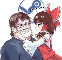 Rule 34 | 1boy, 1girl, aged up, ascot, bare shoulders, beard, blush, bow, brown hair, detached sleeves, english text, facial hair, fat, fat man, gabe newell, glasses, hair bow, hair tubes, hakurei reimu, hands on another&#039;s face, japanese clothes, long hair, looking at another, medium hair, miko, nontraditional miko, obese, profitshame, red shirt, ribbon-trimmed sleeves, ribbon trim, sarashi, shirt, steam (platform), touhou, what, white hair, yellow ascot