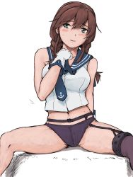 Rule 34 | 1girl, arm behind back, bare arms, blush, braid, breasts, brown hair, collarbone, garter belt, garter straps, gloves, green eyes, hair between eyes, hand on own chest, highres, kantai collection, large breasts, looking at viewer, midriff, navel, no pants, noshiro (kancolle), panties, parted lips, purple panties, purple thighhighs, sailor collar, simple background, single garter strap, sitting, sketch, skindentation, solo, thighhighs, twin braids, underwear, upper body, vent arbre, white background, white gloves