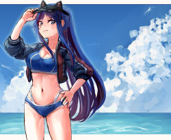 Rule 34 | 1girl, bikini, black hat, blue bikini, blue eyes, blue hair, breasts, closed mouth, cloud, day, hand on headwear, hand on own hip, hat, jacket, kantai collection, large breasts, long hair, multicolored hair, ocean, official alternate costume, outdoors, ponytail, red hair, sidelocks, signature, sky, solo, south dakota (kancolle), swimsuit, visor cap, water, white hair, wss (nicoseiga19993411)