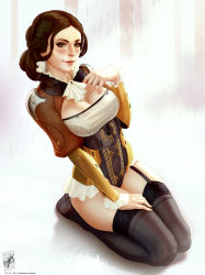 Rule 34 | 1girl, breasts, brown hair, cleavage cutout, clothing cutout, corset, destiny (game), feet, garter straps, green eyes, hand on own chest, hand on own thigh, highres, kneeling, knees together feet apart, legs together, personification, signature, simple background, smile, solo, the last word (destiny), themaestronoob, thighhighs, thighs