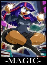 Rule 34 | 1girl, book, dark skin, floating, glasses, highres, library, magic, multicolored hair, my little pony, my little pony: friendship is magic, necktie, night, night sky, open mouth, personification, pink hair, purple eyes, purple hair, school uniform, shonuff44, skirt, sky, smile, socks, star (symbol), streaked hair, tongue, twilight sparkle, window