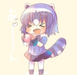 Rule 34 | &gt; &lt;, 10s, 1girl, :d, animal ears, beige background, black bow, black skirt, blush, bow, chibi, closed eyes, common raccoon (kemono friends), facing viewer, fang, food, full body, fur collar, hair between eyes, heart, holding, holding food, japari bun, japari symbol, kemono friends, kou hiyoyo, lowres, multicolored hair, open mouth, pantyhose, pleated skirt, purple hair, purple shirt, raccoon ears, raccoon girl, raccoon tail, shirt, short sleeves, skirt, smile, solo, standing, striped tail, tail, two-tone hair, white hair, white pantyhose, xd