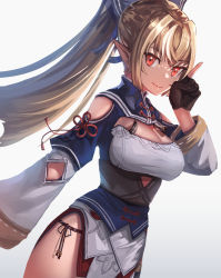 Rule 34 | 1girl, advarcher, black gloves, blonde hair, cleavage cutout, clothing cutout, dark-skinned female, dark elf, dark skin, elbow cutout, elf, gloves, grey background, highres, hololive, index finger raised, long hair, long sleeves, looking at viewer, partially fingerless gloves, pointy ears, ponytail, red eyes, shiranui flare, shiranui flare (old design), shoulder cutout, simple background, solo, upper body, virtual youtuber