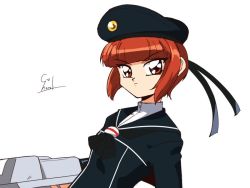 Rule 34 | 1990s (style), 1girl, adapted turret, black neckerchief, blue dress, blue hat, blue sailor collar, brown eyes, brown hair, choroli (chorolin), clothes writing, dress, hat, kantai collection, looking at viewer, neckerchief, parody, retro artstyle, ribbon, sailor collar, sailor dress, sailor hat, short hair, signature, simple background, solo, style parody, turret, upper body, white background, z3 max schultz (kancolle)