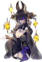Rule 34 | 1girl, animal ears, black dress, black thighhighs, blindfold, breasts, brown hair, cleavage, cleavage cutout, closed mouth, clothing cutout, dress, galleon (granblue fantasy), galleon (life&#039;s compassionate observer) (granblue fantasy), granblue fantasy, highres, horns, large breasts, long hair, multicolored hair, osamu (jagabata), pointy ears, sidelocks, sleeves past wrists, solo, streaked hair, thighhighs, turtleneck, unfinished, upper body