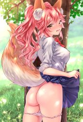 Rule 34 | 10s, 1girl, animal ear fluff, animal ears, ass, ass focus, blush, bottomless, breasts, day, fate/extella, fate/extra, fate/grand order, fate (series), fox ears, fox girl, fox tail, highres, large breasts, long hair, looking at viewer, official alternate costume, open mouth, outdoors, panties, pink hair, school uniform, shirt, skirt, solo, tail, tamamo (fate), tamamo no mae (jk) (fate), tree, twintails, underwear, yellow eyes