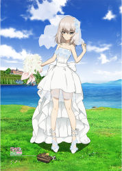 Rule 34 | 1girl, bare shoulders, blue eyes, bouquet, breasts, bridal veil, cleavage, closed mouth, cloud, copyright name, dress, flower, girls und panzer, grass, high heels, itsumi erika, looking at viewer, military, military vehicle, motor vehicle, ocean, official art, outdoors, silver hair, sky, smile, solo, tank, toy tank, veil, water, wedding dress, white dress, white footwear