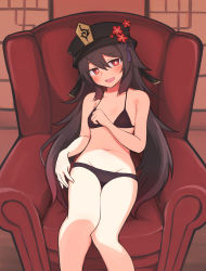 Rule 34 | 1girl, bikini, black bikini, breasts, brown hair, caraku, couch, genshin impact, half-closed eyes, hat, highres, hu tao (genshin impact), navel, on couch, open mouth, sitting, small breasts, smile, solo, star-shaped pupils, star (symbol), stomach, swimsuit, symbol-shaped pupils
