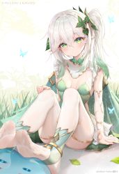 Rule 34 | 1girl, absurdres, blush, feet, foreshortening, genshin impact, green eyes, hand on own knee, highres, leaf, long hair, looking at viewer, nahida (genshin impact), pointy ears, see-through, see-through legwear, side ponytail, soles, thighhighs, toes, white hair, white thighhighs