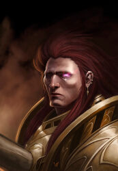 Rule 34 | 1boy, alvarojh, armor, colored skin, commentary, crying, earrings, english commentary, fake horns, glowing, glowing eye, gold armor, horns, jewelry, long hair, magnus the red, male focus, one-eyed, pauldrons, pink eyes, power armor, primarch, red hair, red skin, shoulder armor, single tear, solo, tears, warhammer 40k