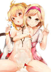Rule 34 | 10s, 2girls, andira (granblue fantasy), animal ears, blonde hair, blush, chocolate, clothed female nude female, collarbone, covering privates, covering breasts, detached sleeves, djeeta (granblue fantasy), erune, fighter (granblue fantasy), flag, flat chest, granblue fantasy, hairband, head tilt, highres, looking at viewer, monkey ears, monkey tail, multiple girls, navel, nude, open mouth, pingqiong xiansheng, red eyes, short hair, short sleeves, simple background, sitting, spread legs, suggestive fluid, tail, v, white background, wide sleeves, wristband
