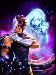 Rule 34 | 1boy, 1girl, black hair, blue hair, cloak, closed mouth, closed eyes, facial scar, isolde (kof), metal gloves, multicolored hair, muscular, muscular male, nameless (kof), official art, scar, scar on cheek, scar on face, snk, the king of fighters, the king of fighters 2002, the king of fighters all-stars, two-tone hair, white hair