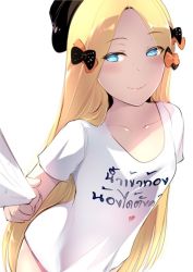 Rule 34 | 1girl, abigail williams (fate), black bow, blonde hair, blue eyes, blush, bow, breasts, closed mouth, clothes writing, collarbone, fate/grand order, fate (series), forehead, hair bow, hat, long hair, looking at viewer, meow7tail, multiple hair bows, orange bow, parted bangs, polka dot, polka dot bow, shirt, short sleeves, simple background, small breasts, smile, white background, white shirt