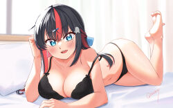 Rule 34 | 1girl, absurdres, backlighting, barefoot, bed, bedroom, black bra, black hair, black panties, blue eyes, bra, braid, breasts, cleavage, commentary request, curtains, day, french braid, hair ornament, hairclip, hand in own hair, highres, indoors, kohikun, large breasts, legs up, long hair, looking at viewer, multicolored hair, navel, on bed, open mouth, original, panties, pillow, red hair, smile, solo, strap slip, streaked hair, twitter username, two-tone hair, underwear, underwear only