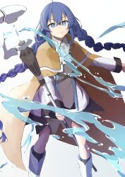 Rule 34 | 1girl, absurdres, ahoge, black socks, blue eyes, blue hair, braid, brown cloak, capelet, cloak, closed mouth, collar, dot nose, eyebrows hidden by hair, feet out of frame, hair between eyes, highres, holding, holding staff, hydrokinesis, jacket, long hair, looking at viewer, mage staff, mushoku tensei, ribazou, roxy migurdia, simple background, smile, socks, solo, staff, twin braids, water, white background, white capelet, white collar, white footwear, white jacket