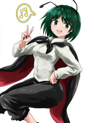 Rule 34 | 1girl, :d, antennae, black cape, black footwear, black pants, breasts, cape, chups, feet out of frame, green eyes, green hair, highres, long sleeves, looking at viewer, medium breasts, musical note, nail polish, open mouth, pants, red nails, shirt, short hair, smile, solo, spoken musical note, touhou, v, white background, white shirt, wriggle nightbug