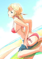 Rule 34 | 1girl, beach, bikini, blonde hair, blue eyes, breasts, chimaki (impressiveanarchy), commentary request, day, earrings, jewelry, long hair, looking at viewer, medium breasts, midriff, myriam (saga), open mouth, romancing saga, romancing saga minstrel song, saga, sideboob, solo, swimsuit, undressing