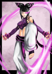 Rule 34 | 1girl, baggy pants, barefoot, belt, border, bracelet, breasts, capcom, detached sleeves, drill hair, elbow gloves, energy, evil grin, evil smile, feet, fighting stance, fingerless gloves, gloves, gradient background, grin, halterneck, han juri, highres, jewelry, large breasts, leg lift, looking at viewer, midriff, nail polish, navel, pants, purple eyes, purple gloves, purple nails, sideboob, smile, solo, spiked bracelet, spikes, street fighter, street fighter iv (series), toeless legwear, toenail polish, toenails, toes, twin drills, ying mao