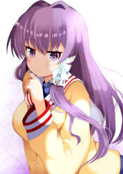 Rule 34 | 1girl, blush, clannad, closed mouth, commentary request, floating hair, fujibayashi kyou, hair between eyes, hair intakes, hair ribbon, hand up, hidaka0503, hikarizaka private high school uniform, long hair, long sleeves, looking at viewer, purple eyes, purple hair, ribbon, sailor collar, school uniform, sidelocks, simple background, smile, solo, upper body, very long hair, white background, white ribbon, white sailor collar, wide sleeves