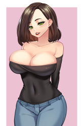 Rule 34 | 1girl, absurdres, arms behind back, breasts, brown hair, bursting breasts, denim, dress, fang, green eyes, highres, jeans, kokonattsu, large breasts, lips, lipstick, looking at viewer, makeup, no bra, open clothes, open mouth, original, pants, short dress, short hair, solo, wide hips