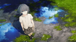 Rule 34 | 1girl, arms at sides, black footwear, blue eyes, boots, brown skirt, closed mouth, day, floating hair, from above, full moon, grey hair, hair between eyes, looking at viewer, looking up, mocha (cotton), moon, original, outdoors, pleated skirt, puddle, puffy short sleeves, puffy sleeves, reflection, shirt, short sleeves, skirt, smile, solo, standing, toeless footwear, tree shade, twitter username, water, white shirt