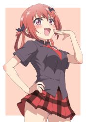 Rule 34 | 1girl, blush, breasts, fang, gabriel dropout, hair rings, hand on own hip, highres, looking at viewer, medium breasts, necktie, open mouth, panties, red eyes, red hair, satanichia kurumizawa mcdowell, school uniform, shirt, short sleeves, simple background, sincos, skirt, solo, striped clothes, striped panties, underwear