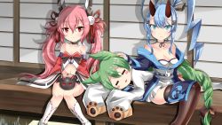 Rule 34 | 3girls, :3, :o, ahoge, akashi (azur lane), animal ears, azur lane, bare shoulders, black bow, black gloves, black skirt, black socks, blue eyes, blue hair, blue kimono, blush, blush stickers, bow, breasts, cat ears, cleavage, closed eyes, closed mouth, collarbone, commentary request, detached sleeves, dress, fingerless gloves, fingernails, gloves, green hair, hair between eyes, hair bow, hair ornament, hamakaze (azur lane), hebitsukai-san, highres, horns, inazuma (azur lane), japanese clothes, kimono, kneehighs, long hair, long sleeves, looking at viewer, lying, medium breasts, multiple girls, navel, off shoulder, on side, oni horns, outdoors, parted lips, pink hair, pleated skirt, sailor dress, side ponytail, sidelocks, sitting, skirt, sleeves past wrists, small breasts, smile, socks, thighhighs, twintails, very long hair, white dress, white legwear