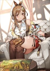 Rule 34 | 1girl, atelier (series), atelier ryza, atelier ryza 3, bob cut, breast pocket, breasts, brown hair, brown vest, chair, clover hair ornament, collared shirt, crossed legs, dangle earrings, detached sleeves, earrings, gluteal fold, hair between eyes, hair ornament, jewelry, large breasts, multiple bracelets, official art, pocket, reisalin stout, sample watermark, seductive smile, shirt, sitting, smile, solo, third-party edit, third-party source, toridamono, vest, watermark